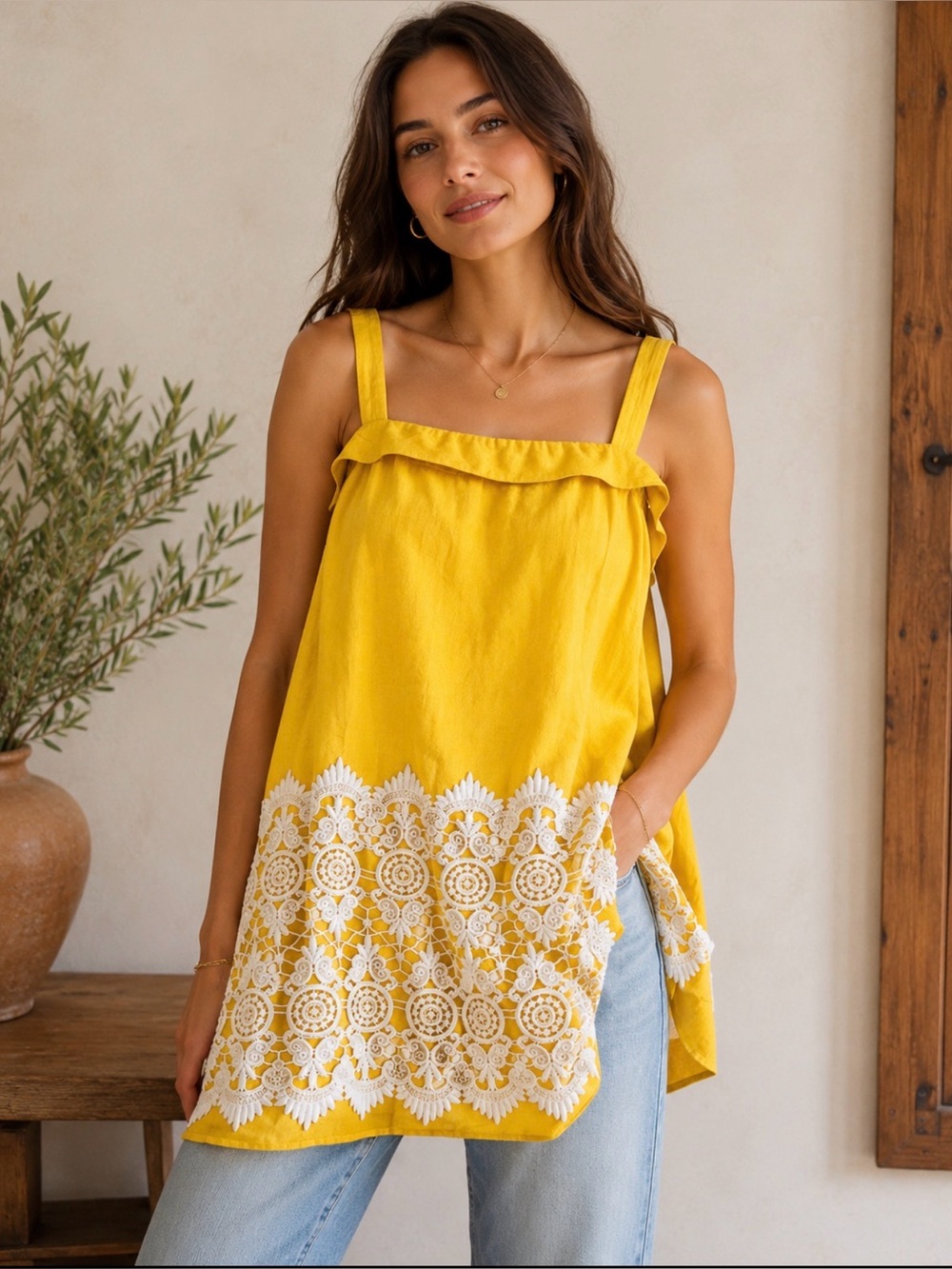 Anthropologie Bright Yellow Floral-Trim Linen Top